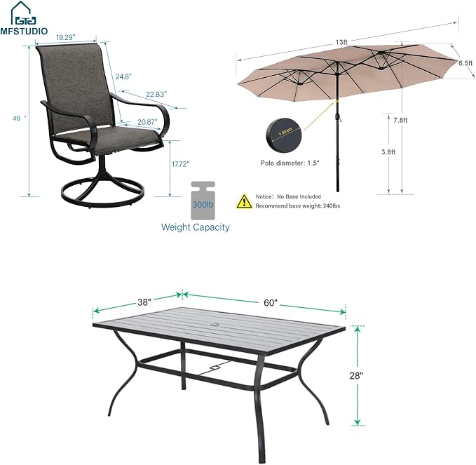 MFSTUDIO Patio Dining Set for 6, Outdoor Furniture Set with Beige Umbrella (Base not Included), Rectangle Metal Table and 6 Swivel Chairs for Patio, Deck, Backyard, Garden