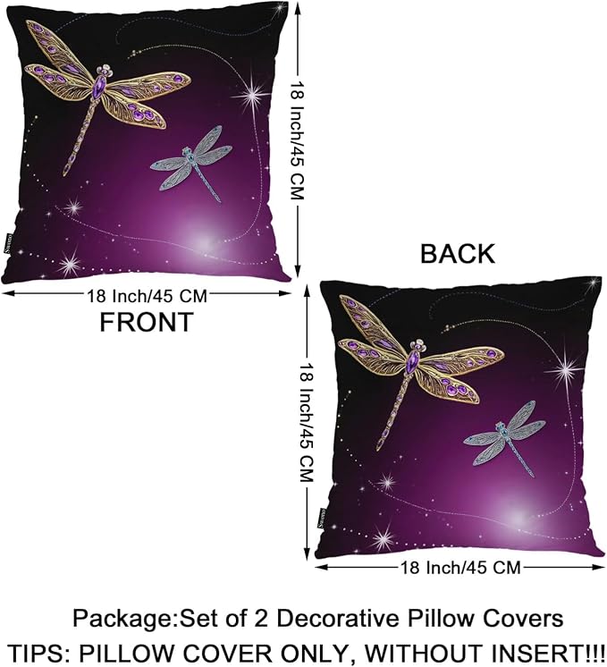 Swono Pillow Covers 18X18 Inch Set of 2 Dragonfly, Throw Pillow Cases Gold Silver Dragonflies Diamond Pillowcase Cushion Cover Decorative for Indoor Outdoor Home Sofa Bedroom Livingroom