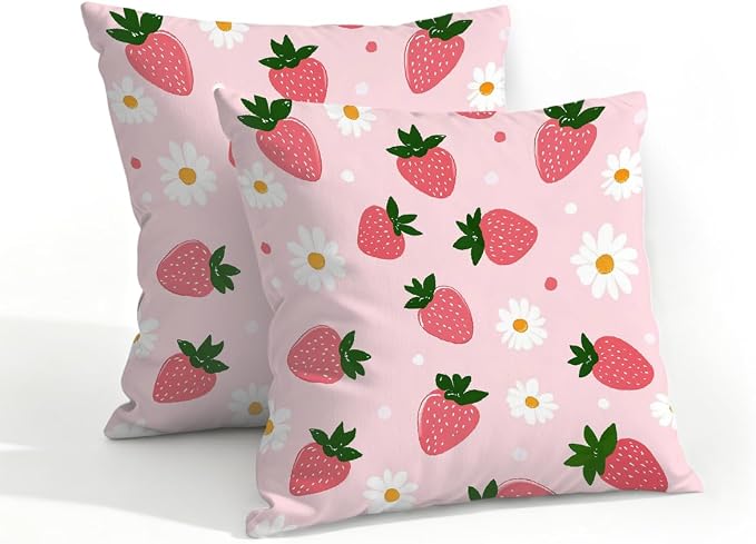 18x18 Inch Outdoor Pillow Covers Set of 2 Waterproof Throw Pillow Covers Decorative Couch Cushion Covers Pink Strawberries Daisy Square Pillowcases Protectors for Patio Garden Sofa