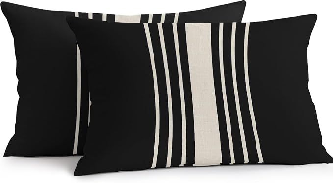 Black Beige Striped Outdoor Pillow Covers 20x12 Inch Lumbar Pillow Covers Set of 2 Waterproof Decorative Throw Pillow Cases Modern Farmhouse Retro Lines Cushion Covers for Patio Furniture Garden Couch