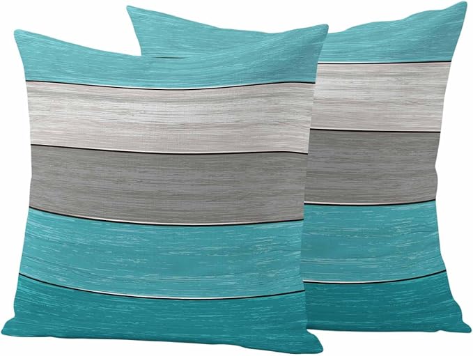 Outdoor Throw Pillow Covers 18X18 Set of 2 Waterproof Ombre Aqua Blue Gray Decorative Zippered Cushion Covers for Patio Furniture, Farmhouse Retro Rustic Barn Wood Texture Lumbar Pillowcases