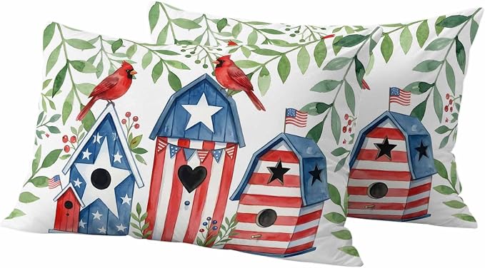 American Flag Bird House Outdoor Pillow Covers Waterproof, All Weather Cushion Case Set of 2, Green Eucalyptus Leaves 250th Lumbar Pillowcase for Sofa Couch Bed Decor Patio Furniture 20"x12"