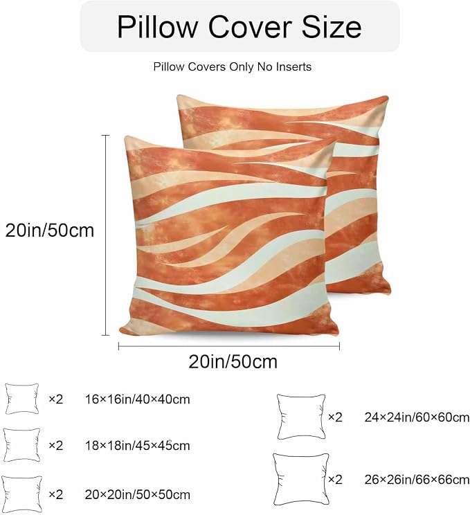 Burnt Orange Waves Waterproof Outdoor Pillow Covers Set of 2 Home Decor, Ombre Sea Ripples Shabby Beach Pillowcase Patio Pillow Covers for Couch Bench Furniture Garden 26x26in