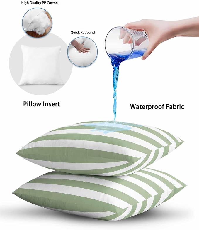 Outdoor Waterproof Throw Pillows Sage Green White Stripes Horizontal Lines Patio Pillows Pack of 1,Decorative Pillow Covers with Insert,Pillow Cushion Case for Garden Couch Sofa Modern Minimalism