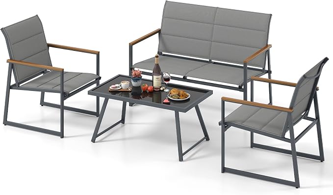 HAPPYGRILL 4-Piece Patio Furniture Set, Modern Sectional Sofa Set w/Fabric Seats, Wood-Plastic Armrests, Tempered Glass Coffee Table, Outdoor Conversation Set for Backyard Balcony Garden Porch (1)