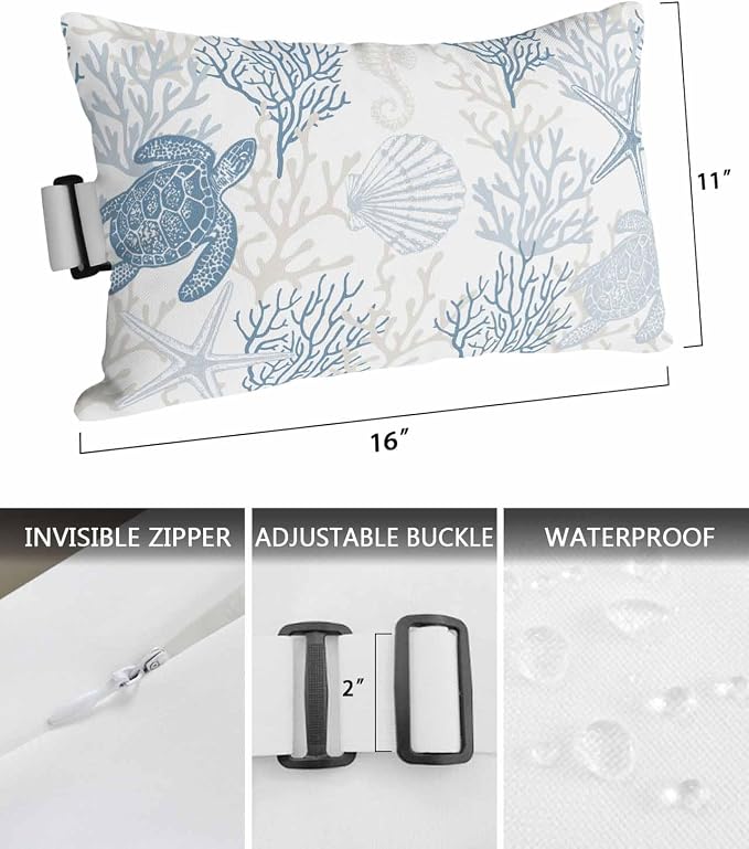 Lumbar Pillow Covers Set of 2, Blue Grey Coastal Waterproof Outdoor Chaise Lounge Pillow Covers with Elastic Strap, Sea Turtle Nautical Coral Summer Beach Headrest Pillowcase for Patio, 11 x 16