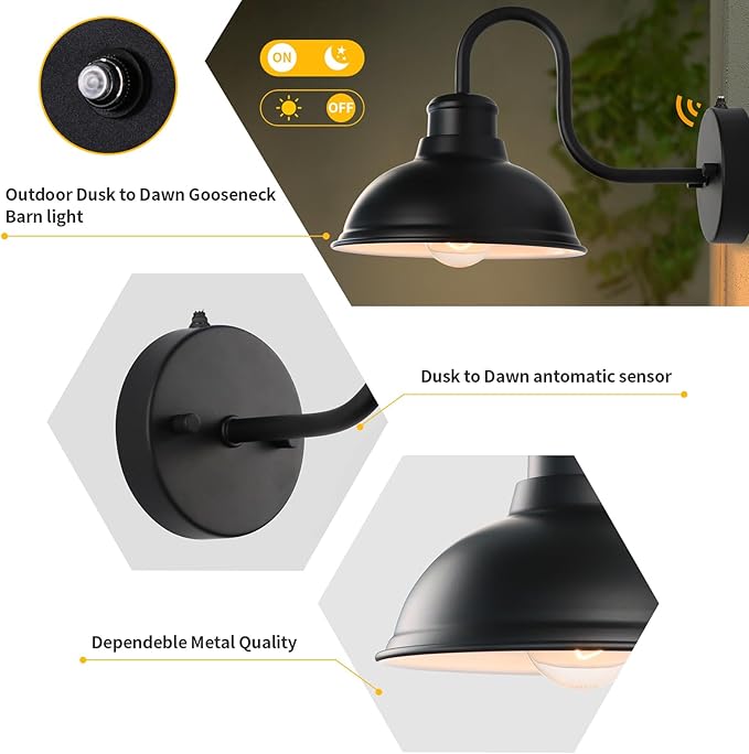 Dusk to Dawn Barn Light Outdoor Sconce 8" Exterior Lighting Fixtures 2 Pack | Anti-Rust Waterproof Farmhouse Industrial Vintage Matte Black Wall-Mount for Porch/Garage/Patio Yard ETL Listed