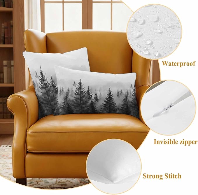 Retro Mist Forest Waterproof Outdoor Pillow Covers Set of 2 Home Decor, Watercolor Mountains Nature Landscape Pillowcase Patio Pillow Covers for Couch Bench Furniture Garden 20x12in