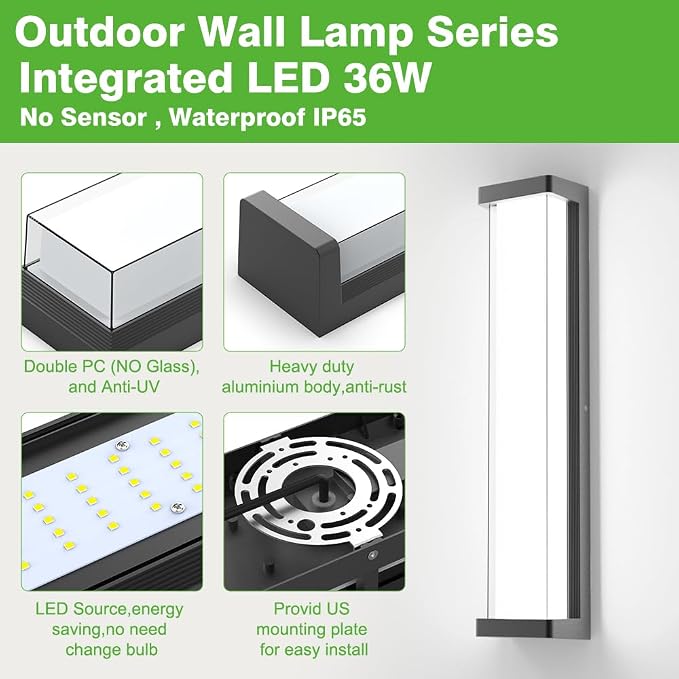 23.6in Outdoor Wall Lights 2Packs,10%-100% Dimming LED Modern Patio Wall Light Fixture, Black Exterior Sconce for Garage Courtyard Commercial House(6000K)