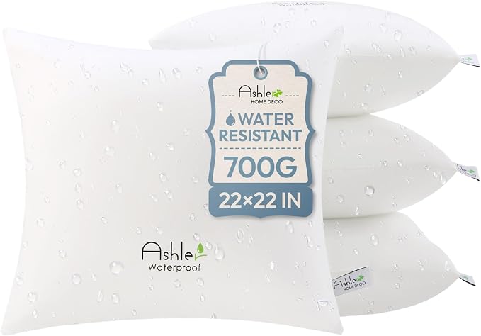 Ashler Outdoor Waterproof Pillow Inserts - 22 x 22 Pillow Inserts Set of 4, Water Resistant Hypoallergenic Pillows Decorative for Garden, Square Lumbar Pillow for Sofa Couch