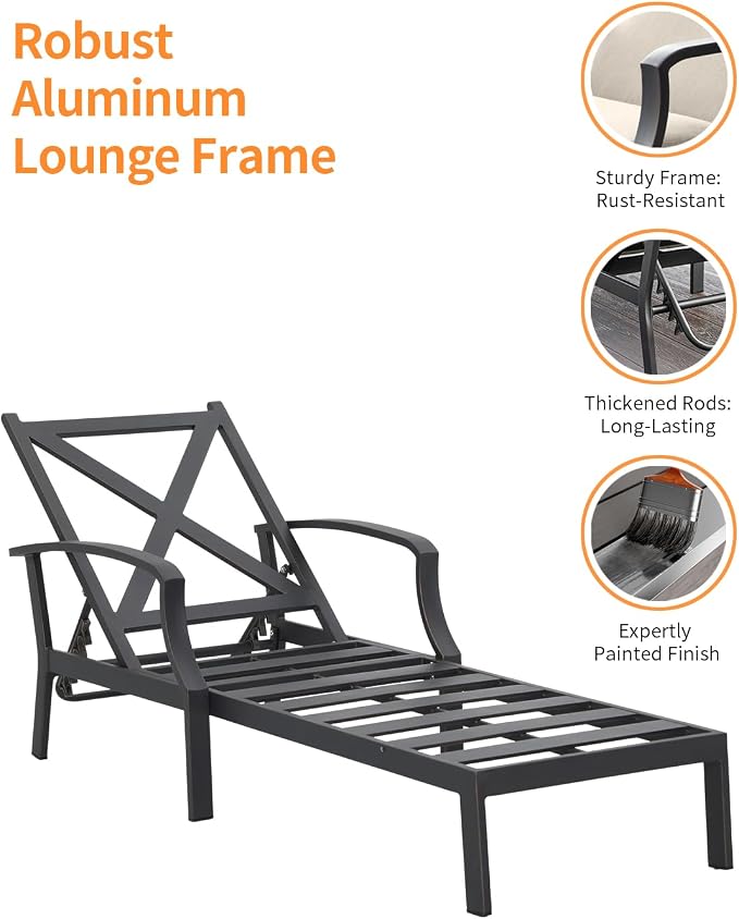 2 Pieces Patio Chaise Lounge Chairs, Never Rust Aluminum Outdoor Pool Lounge Chairs with Gray Cushion, 6-Position Adjustable Backrest Outdoor Loungers Pool Chaise Chair for Beach, Gunmetal