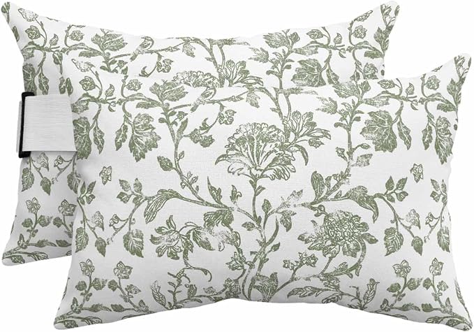 Pack of 2 Outdoor Lumbar Pillow Covers 11x16 Inch, Sage Green Flower Waterproof Throw Pillow Covers Set, Vintage Farmhouse Boho Leaf Spring Indoor&Outdoor Cushion Cases for Patio Porch Beach