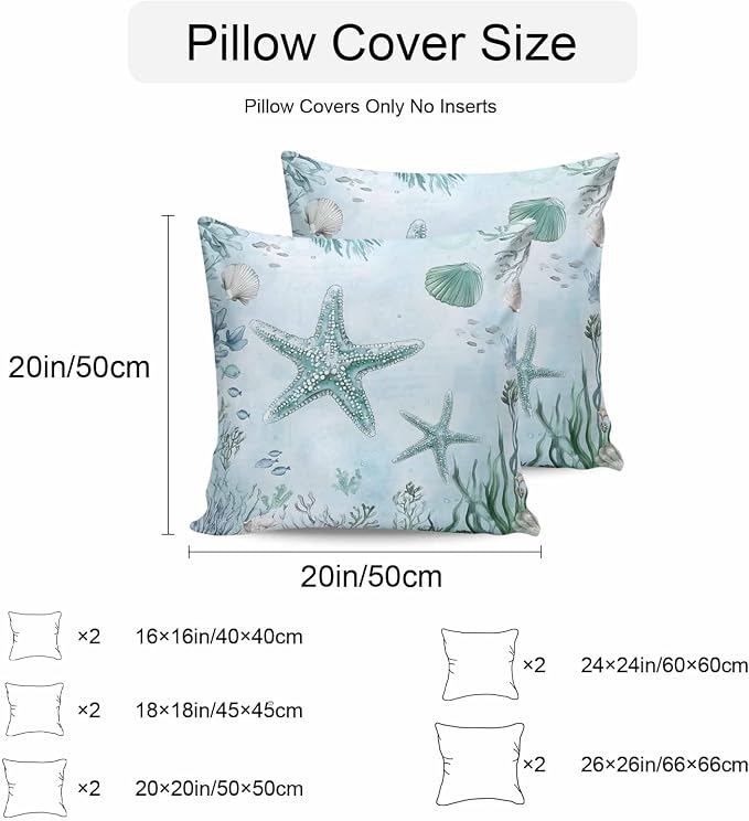 Coastal Starfish Waterproof Outdoor Pillow Covers Set of 2 Home Decor, Nautical Coral Tropical Fish Seashells Pillowcase Patio Pillow Covers for Couch Bench Furniture Garden 26x26in