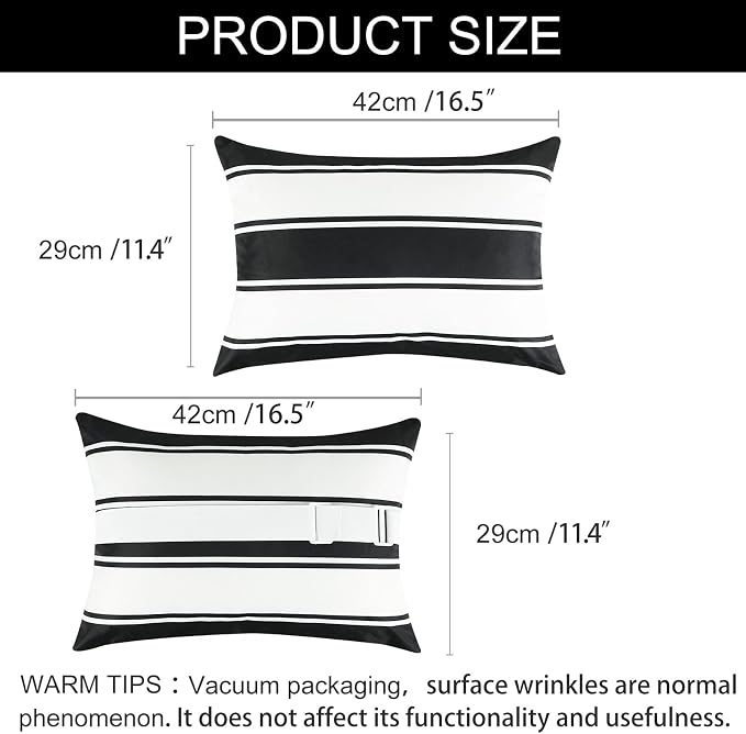 Adabana Outdoor Waterproof Pillow for Chaise Lounge Chair 2 Pack Black and White Stripe Headrest Pillow Lumbar Adjustable Strap for Beach Poolside Patio Office Patio Garden