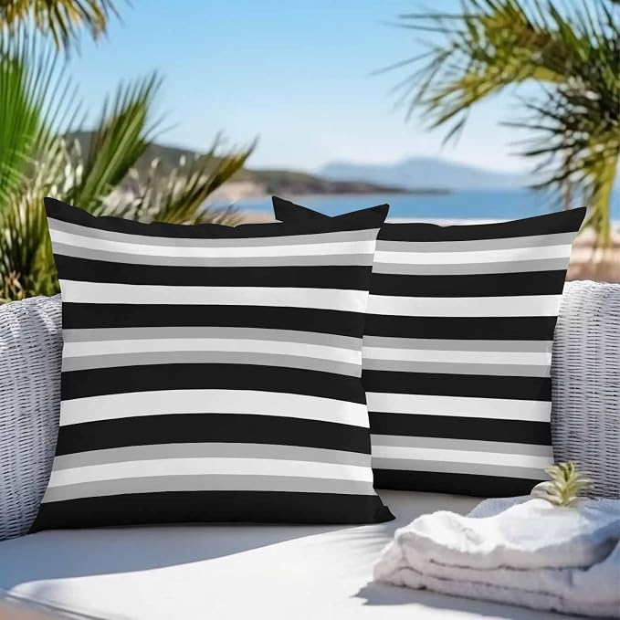 Black Grey Stripe Outdoor Pillow Covers Waterproof, All Weather Cushion Case Set of 2, Minimalist Farmhouse Striped Decorative Pillowcases for Sofa Couch Bed Decor Patio Furniture 16"x16"