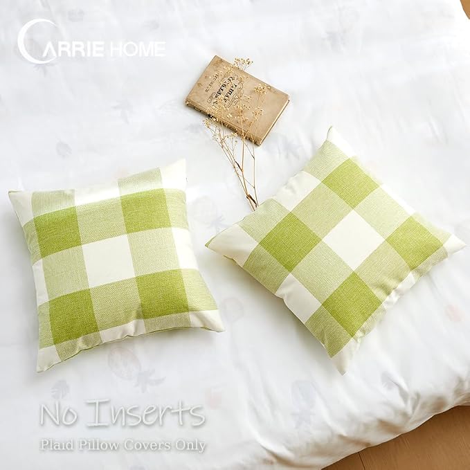 CARRIE HOME Spring Sage Green Plaid Pillow Covers 20x20 Set of 2, Green Decorative Buffalo Plaid Couch Pillows, Farmhouse Spring Home Decor Indoor Checkered Pillow Cover (No Pillow Inserts)