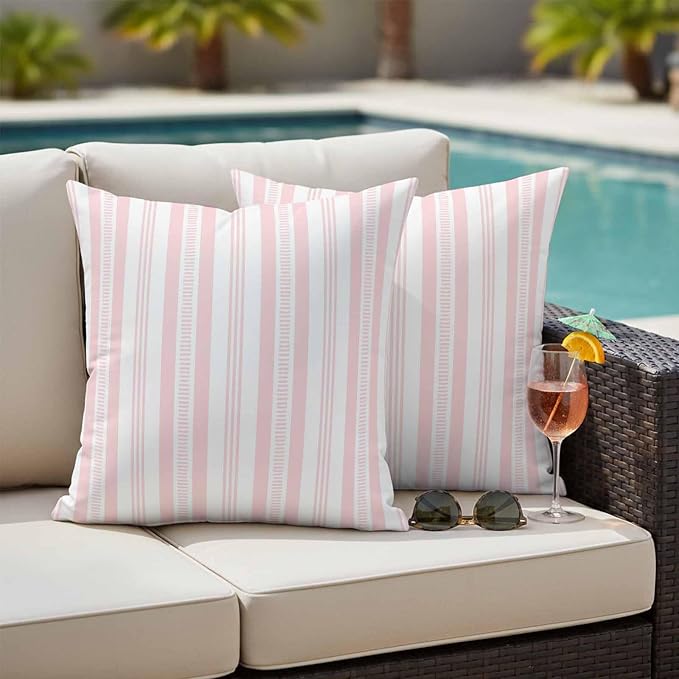 Pink Striped Outdoor Waterproof Pillow Covers, Farmhouse Stripes Modern Geometric Decorative Square Throw Pillowcase Sofa Cushion Sham for Patio/Couch/Chair, 20"x20" 2 Pack