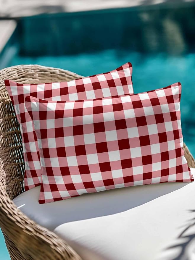 Waterproof Outdoor Pillow Set of 2 Red Check Buffalo Plaid Decorative Throw Pillows Cover & Insert 20x12 Inch Lumbar Pillowcase Check Lines Pillows for Couch Sofa Bed Patio Furniture Indoor Outdoor