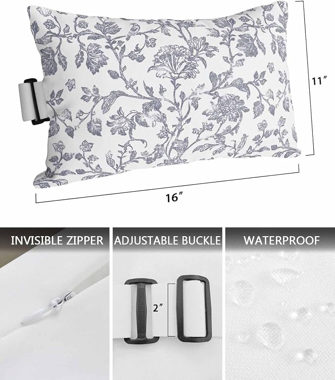 Pack of 2 Outdoor Lumbar Pillow Covers 11x16 Inch, Haze Blue Flower Waterproof Throw Pillow Covers Set, Vintage Farmhouse Boho Leaf Plant Indoor&Outdoor Decorative Cushion Cases for Patio Porch Beach