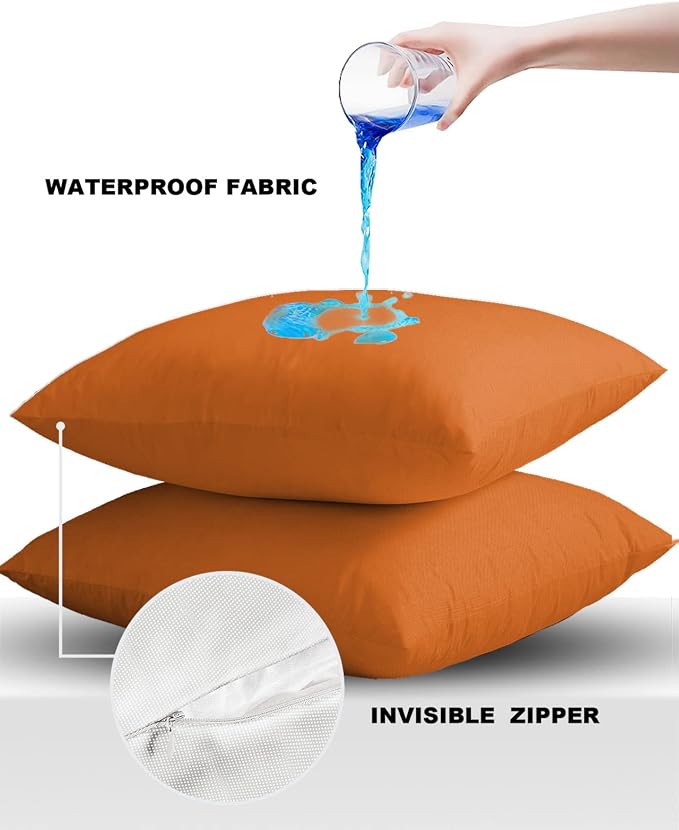 Outdoor Waterproof Pillow Covers for Patio Furniture Bright Orange Decorative Throw Pillow Cover Solid Color Pillowcases Set of 2 Cushion Case for Sofa Couch Chair Home Decor 26x26 inch x 2pcs