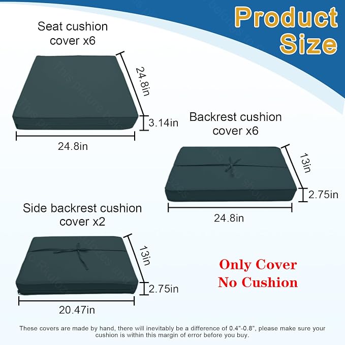 14Pcs Patio Cushion Covers, Furniture Cushion Slipcovers, 24.8"x24.8"x3.14" | Outdoor Cushion Slipcovers, Water Resistant Fabric, Zipper Design, Fits Patio Sectional Furniture