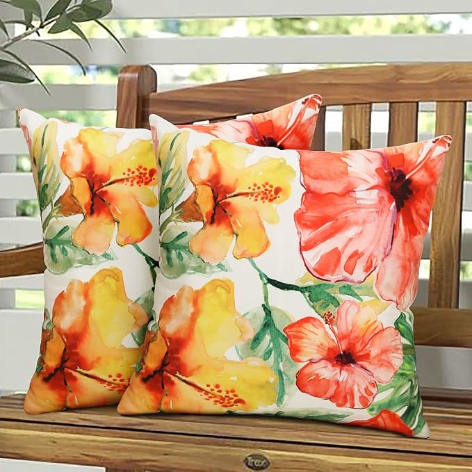 Pyonic Outdoor Pillow Covers Pack of 2 Red Yellow Floral Waterproof Throw Pillow Covers 18X18 inch Outdoor Pillows for Patio Furniture Garden Square Outside Waterproof Pillow