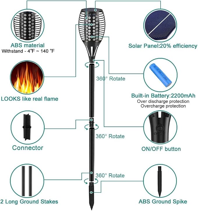 Aityvert Flickering Flame Solar Torch Lights Outdoor, 43" Tall, 8 Pack | Realistic 96-LED Flame Effect, Charges in 6-8 Hours, 10-12-Hour Runtime, IP65 Waterproof, Auto On/Off forPatio, Garden