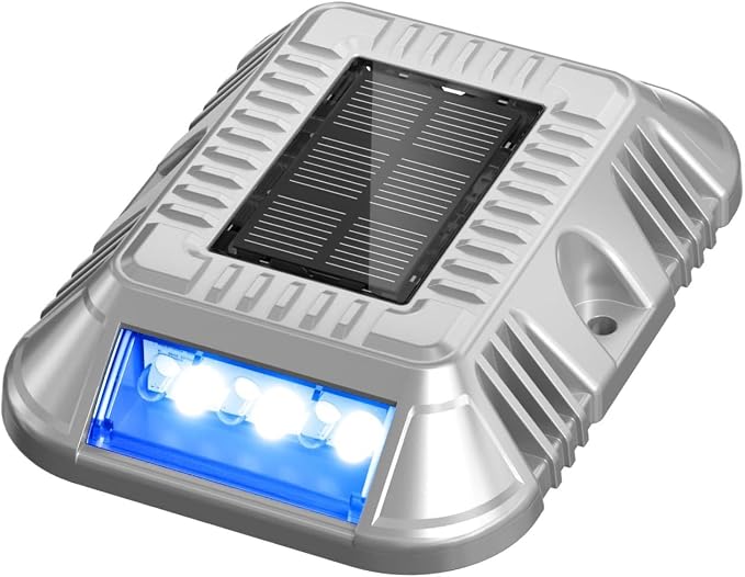addlon Solar Dock Lights Marine 1 Pack, 2CCT Outdoor Driveway Marker Deck Lights, IP67 Waterproof, Solar Powered Deck Light for Pathway Warning Step Sidewalk Patio, Blue Light & Cool White, FCC