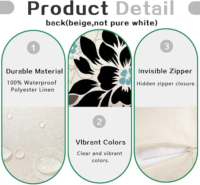 Waterproof Black and Gray Dahlia Floral Outdoor Pillow Covers 12x20 Inch, Decorative Spring Summer Cushion Cases for Living Room Sofa Patio Garden Porch