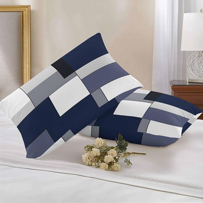 Modern Blue White Grey Plaid Outdoor Pillow Covers 20x12in Pack of 2 Waterproof Pillowcase Abstract Geometric Checkered Decorative Throw Cushion Case for Patio Couch Sofa