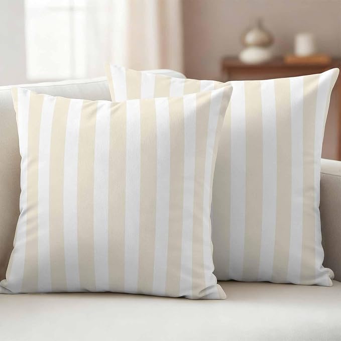 Cream Striped Outdoor Waterproof Throw Pillow Covers 18x18 Set of 2, Modern Farmhouse Cream White Stripes Decorative Pillowcases Cushion Pillowcase for Couch Sofa Patio Outside Pillow Protector