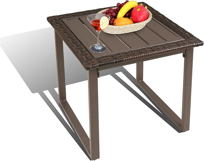 Wicker Outdoor Side Table Metal Patio Coffee Table, Square End Table with Wicker Edge & Slatted Metal Top, for Lawn Garden Backyard, Brown