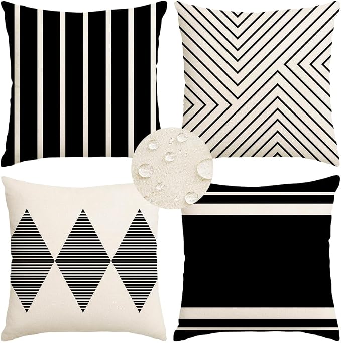 Outdoor Pillow Covers Waterproof,24x24 inch Black and Beige Boho Set of 4 | Color-Black and Beige,No Insert,Durable Polyester,Fit 24x24 inch Inserts or Smaller,for Patio Furniture Couch