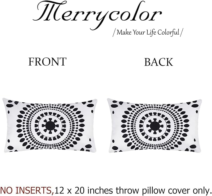 Merrycolor Set of 2 Outdoor Waterproof Throw Pillow Covers 12 * 20 Black and White Pillow Covers Floral Decorative Square Pillowcases Farmhouse Boho Outdoor Pillows for Patio Furniture