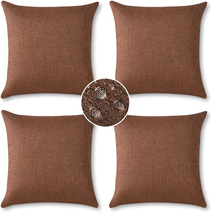 OTOSTAR Pack of 4 Outdoor Waterproof Throw Pillow Covers 18x18 Inch Garden Decorative Pillow Covers Cushion Sham Pillowcase Shell Patio Cushion Case Pillows for Couch Tent Sofa Balcony Decor (Brown)