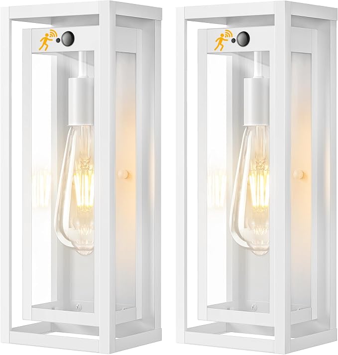 15" Motion Sensor Outdoor Lights, 2 Pack Large White Outdoor Light Fixture, 3 Lighting Modes Waterproof Anti-Rust Wall Sconces, Exterior Lighting Fixtures for Front Door, Porch, Garage