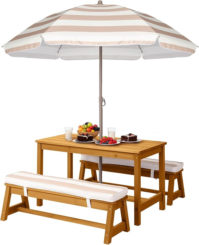JOYMOR Kids Picnic Table Outdoor Wooden Table & Bench with Adjustable Umbrella, Picnic Table Set w/Removable Cushions for Backyard, Patio, Garden, Indoor(Natural)
