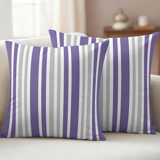 Purple Grey Stripe Outdoor Pillow Covers 20x20 Inch Throw Pillow Covers Set of 2 Waterproof Decorative Pillow Cases Farmhouse Minimalist Striped Cushion Covers for Patio Furniture Garden Couch Sofa