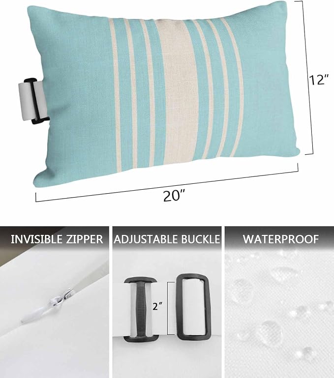 Pack of 4 Outdoor Lumbar Pillow Covers 12x20 Inch, Aqua Beige Striped Waterproof Throw Pillow Covers Set, Modern Farmhouse Retro Lines Indoor&Outdoor Decorative Cushion Cases for Patio Porch Beach