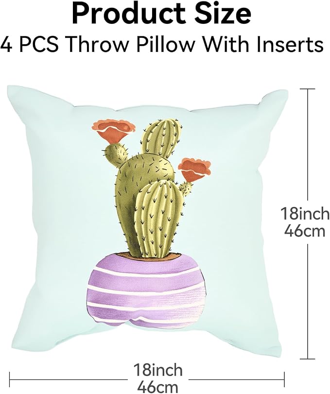 Outdoor Throw Pillows Waterproof Set of 4 18x18 Inches Cactus Print Outdoor Decorative Pillows with Insert for Bed, Couch, Sofa and Patio Furniture