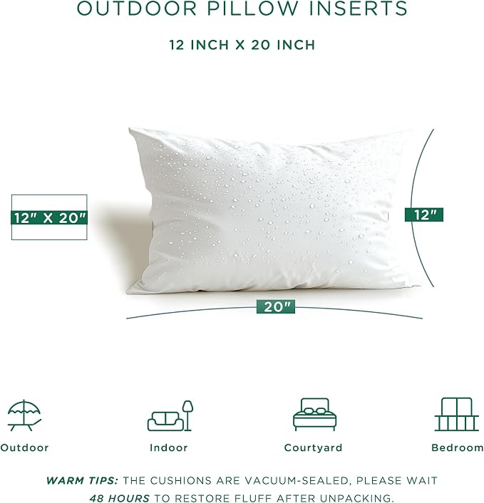 Codi Waterproof Outdoor Pillow Inserts, Rectangular 12 x 20 inches, 2 Pack