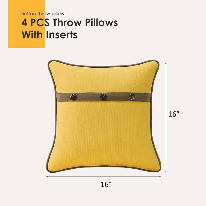 Outdoor Sunbrella Decorative Pillows with Triple Coconut Buttons Pack of 4, 16" x 16" Outdoor Pillow Set for Couch Bed Throw Patio Sofa, Spectrum Daffodil/Canvas Cocoa