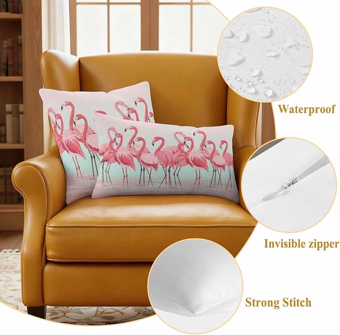 Outdoor Pillow Covers,Flamingo Bird on Gradient Background Decorative Throw Pillow Cover Waterproof Pillowcase Set of 2,Linen Cushion Case for Sofa Couch Bed 18x18 Inch,Tropical Pink Animals