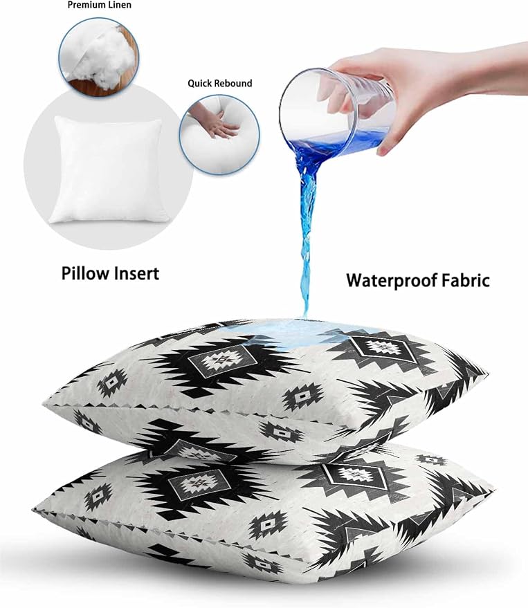 Waterproof Outdoor Pillow Set of 2 Gray Boho Aztec Decorative Throw Pillows Cover & Insert 18x18 Inch Pillowcase Southwest Tribal Style Square Pillows for Couch Sofa Bed Patio Furniture Indoor Outdoor