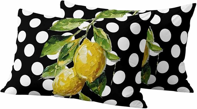 Waterproof Pillow Covers Set of 2,Farmhouse Yellow Lemon Green Leaf Outdoor Pillow Protectors with Zipper Pillowcases for Patio Tent Garden Beach 20x12 Inches Black White Polka Dot