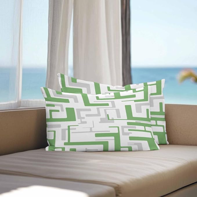 Vandarllin Outdoor Throw Pillows Covers 20x12 inch Set of 2 Waterproof Green Geometric Stripes Decorative Zippered Cushion Covers for Patio Furniture, Modern Abstract Lines Lumbar Pillowcases