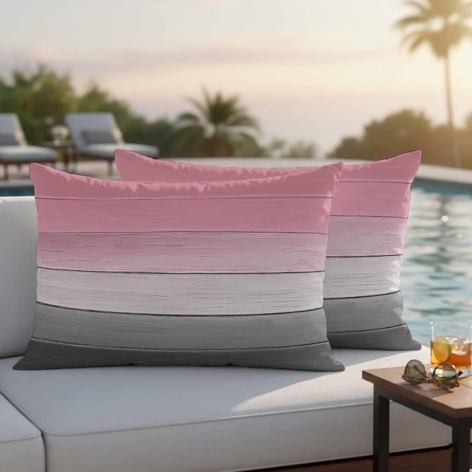 Pink Gray Outdoor Pillow Covers 20x12 Inch Lumbar Pillow Covers Set of 2 Waterproof Decorative Throw Pillow Cases Vintage Country Gradient Wooden Plank Line Cushion Covers for Patio Furniture Garden