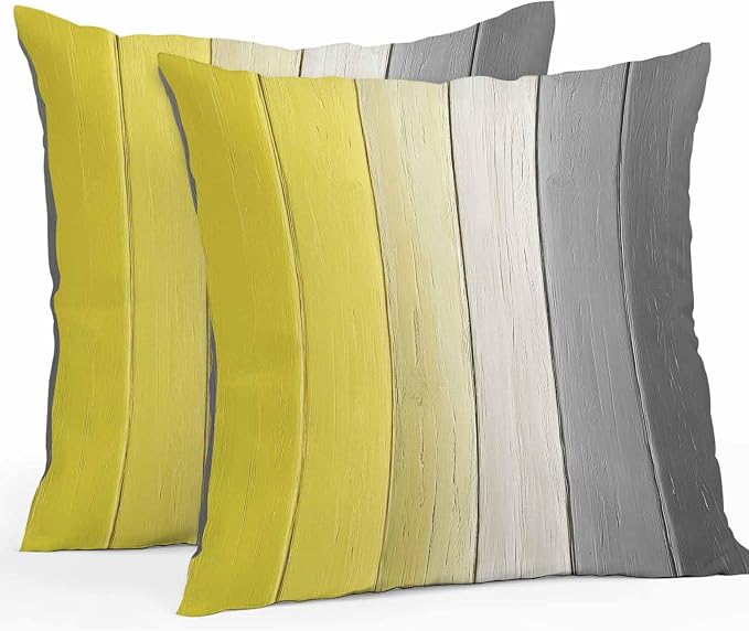 Throw Pillow Covers 16x16 Inch Set of 2, Yellow Gray Ombre Waterproof Outdoor Cushion Covers, Vintage Country Wooden Decorative Pillowcases for Couch, Sofa, Bed, Garden, Patio