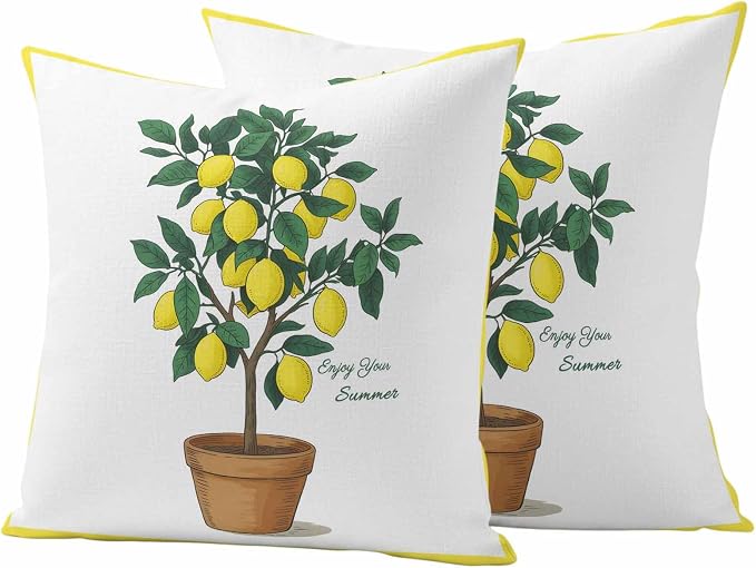 Summer Yellow Lemons Outdoor Waterproof Pillow Covers Set of 2, Green Leaf Botanical Garden Frame Pillowcase Decorative Throw Cushion Cases for Patio Garden Couch 24 x 24 Inches