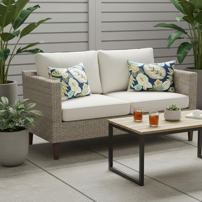 Set of 2 Outdoor Throw Pillows 19 x 12 Inch – Reversible Rectangle Patio Accent Pillows – Weather-Resistant Polyester Fabric – Eco-Friendly Recycled Polyfiber Fill – Marlow Blue Floral